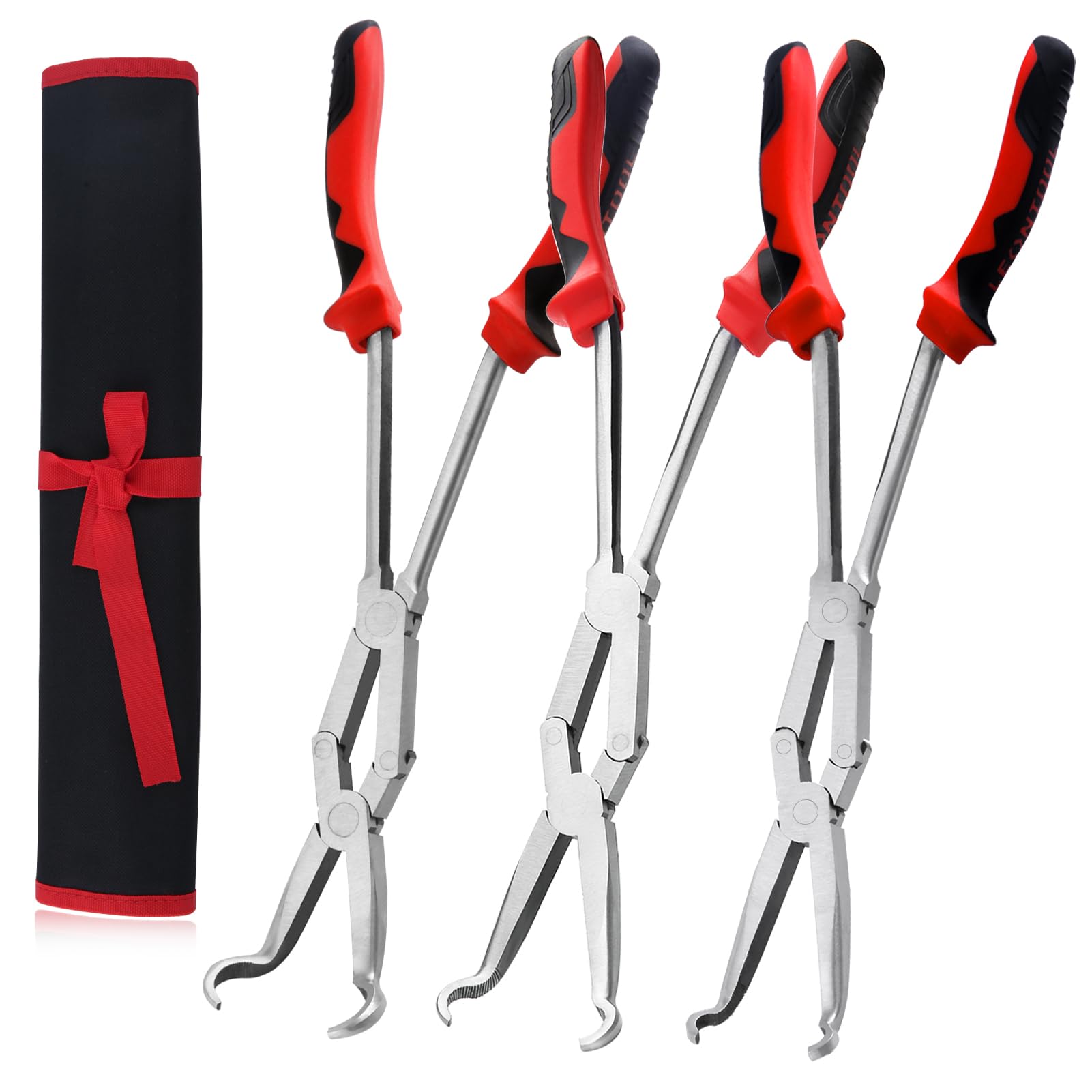 LEONTOOL 3PCS Extra Long Nose Hose Grip Pliers Set 13" Spark Plug Remeover Pliers Long Reach XL Pivot Ring Nose Plier Double Joint Ring Nose Plier with Serrated Jaw for Hard to Reach Narrow Spaces