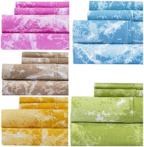 Weavely Marble Print Sheet Set, 400 Thread Count 100% Cotton Blue Printed Bed Sheets Set, 4-Piece set, 15 inch Elastic Deep Pocket Fitted Sheet (Queen, Blue)