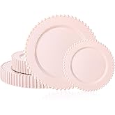 U-QE 60PCS Pink Plastic Plates - Heavy Duty Beaded Pink Valentines Plates for Valentine's Day, Party, Wedding - Serving 30 Guests Include 30PCS 10inch Dinner Plate & 30PCS 7inch Dessert Plate