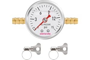 GOATACURA 0-15psi Glycerin Filled Fuel Pressure Gauge Kit, 1-1/2" Dial Size, 304 Stainless Steel Case, 5/16" Fuel Line Fuel Pressure T-Fitting Adapter, Center Back Mount, with High Accuracy