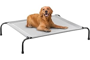 PRAISUN Outdoor Dog Bed, XL Dog Cot, Elevated Dog Bed, Pet Bed with Oxford Fabric, Textilene Mesh, Carrying Bag, Cooling, for Indoors, Outdoors, Beach, Silver Gray