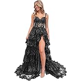 CKGJLJ Sparkly Sequin Tiered Lace Prom Dresses Long Ball Gown for Women Tulle Corset Spaghetti Straps Formal Dress