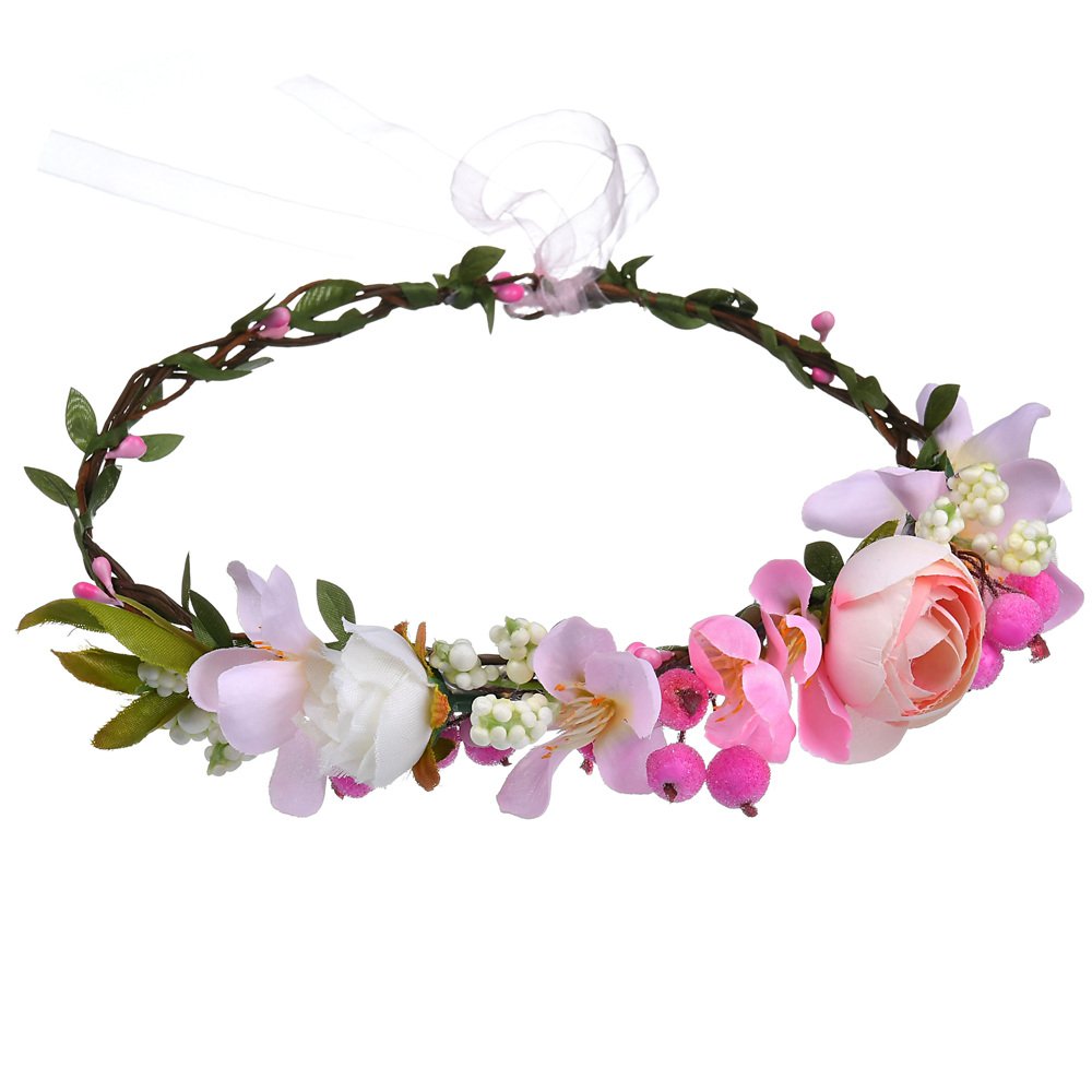 Women White & Pink Bridal Handmade Flower Crown with Adjustable Ribbon Wedding Festivals Floral Wreath Headband Floral Garland