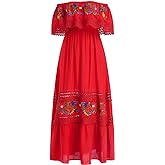 ABEHIK Mexican Dress for Women Traditional Off Shoulder Embroidered Present Casual Lace Long Maxi Dress Cinco de Mayo Outfit
