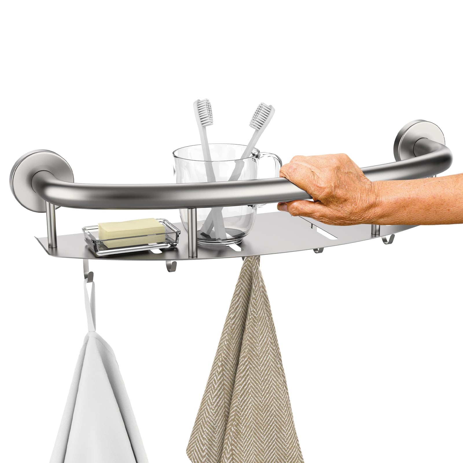 Photo 1 of Munzong 18 Inch Shower Grab Bar w/Storage Shelf, Stainless Steel 2 in 1 Bathroom Grab Bar, Wall Mount Balance Bar, Safety Hand Rail Support Handicap Elderly Injury Senior Assist Bath Handle