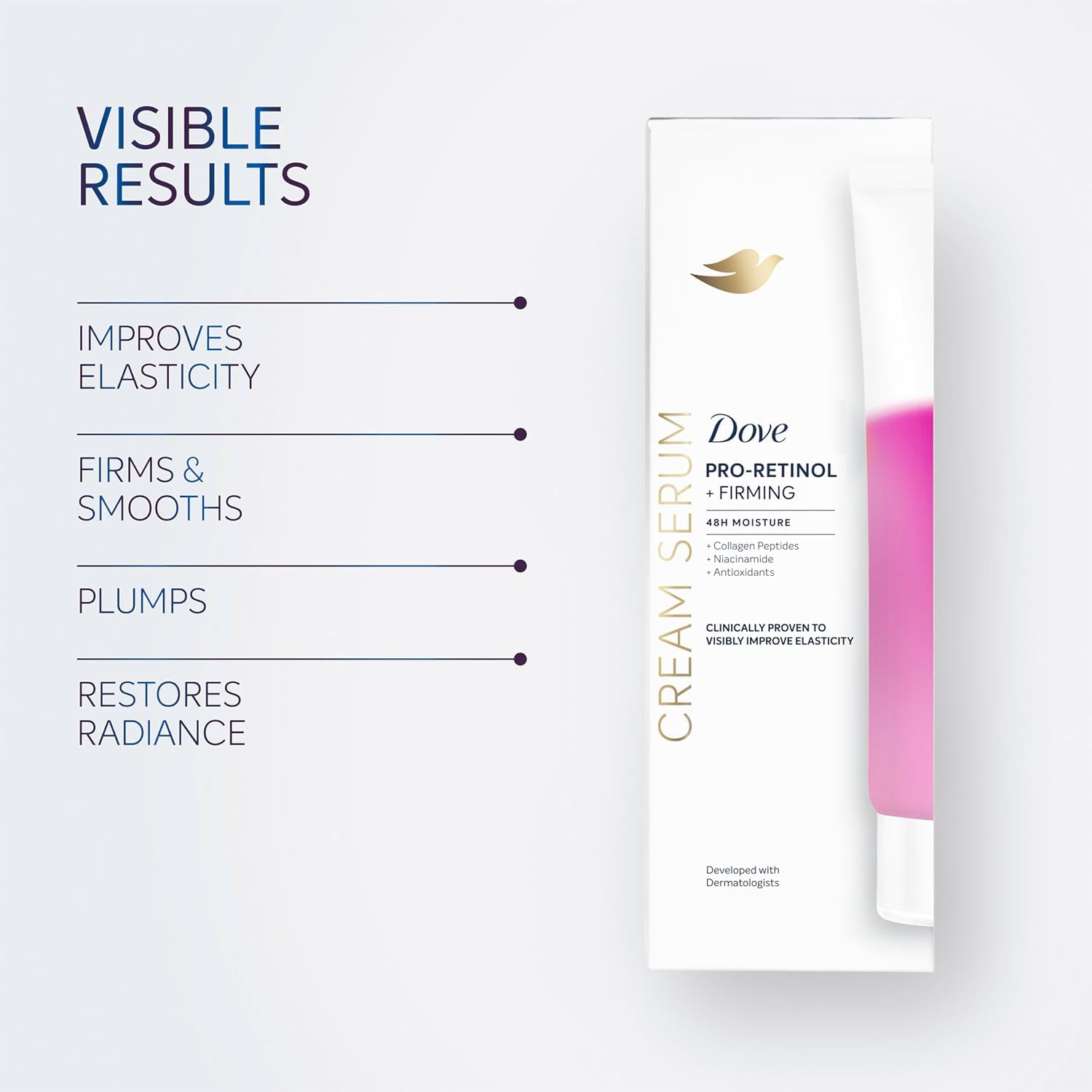Dove Cream Serum Pro-Retinol + Firming for Elasticity and Firmness, with Collagen Peptides, Niacinamide and Antioxidants Lotion, 8 oz