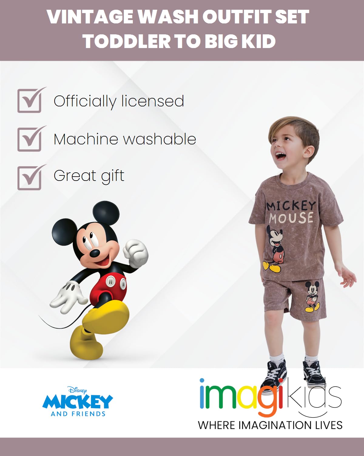 Disney Mickey Mouse Vintage Wash T-Shirt and Shorts Outfit Set Toddler to Big Kid Sizes (2T - 10-12)