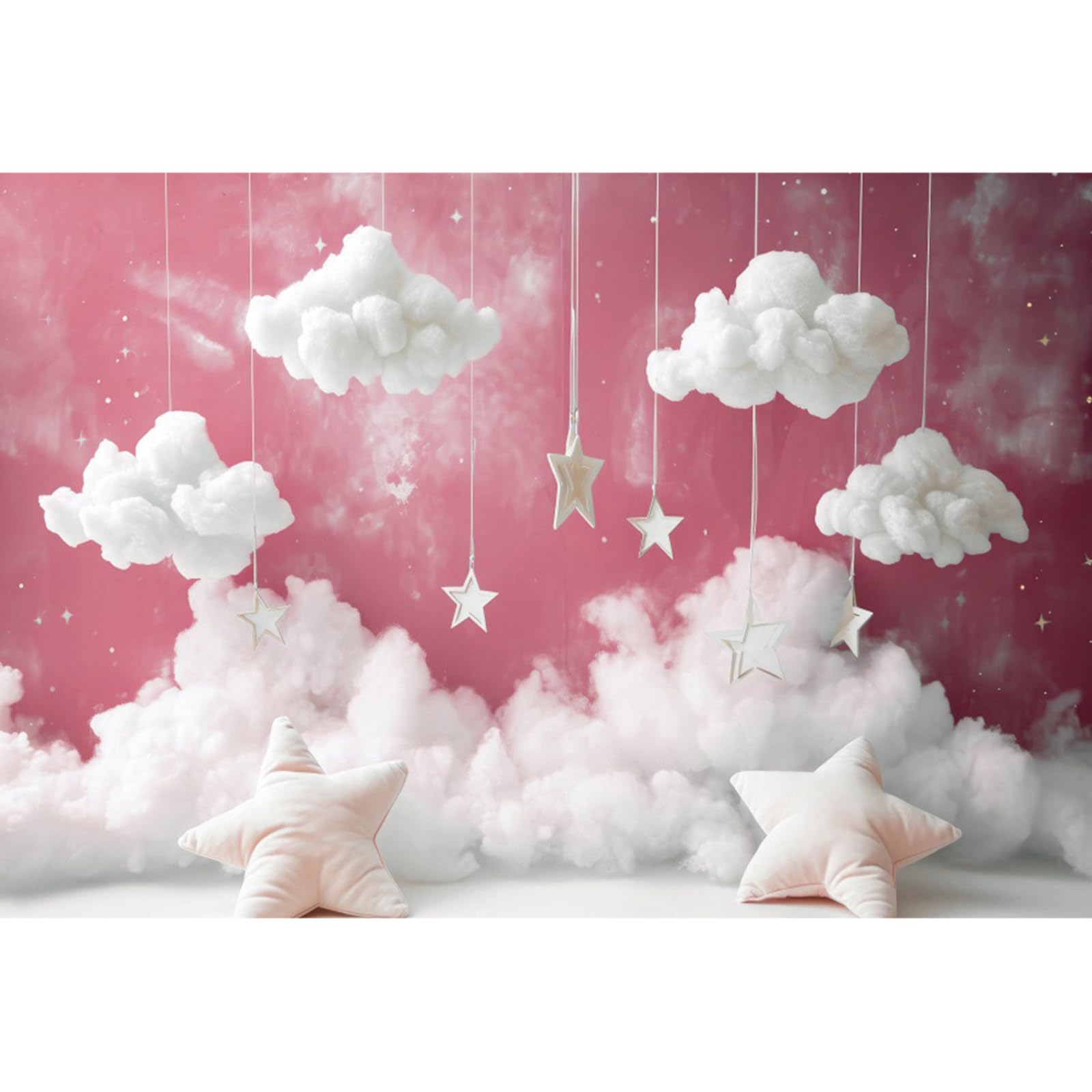Photo 1 of YongFoto Cute Sky Clouds Star Pink Backdrop 5x3ft Kids Photography Background Boy Girl Birthday Baby Shower Cradle Ceremony Party Banner Child Portrait Photoshoot Wallpaper Photo Studio Booth Props
