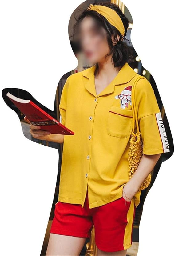 FHISD Kurzärmelige Damenpyjamas Set Bequeme V-Ausschnitt vorne offene