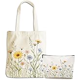 Aesthetic Flower Canvas Tote Bag Makeup Bag, Cosmetic Bags for Women Girls Sister Friend Plant Lovers Reusable Grocery Bags with Inner Pocket for Shopping Gym Christmas Birthtday Thank You Gifts