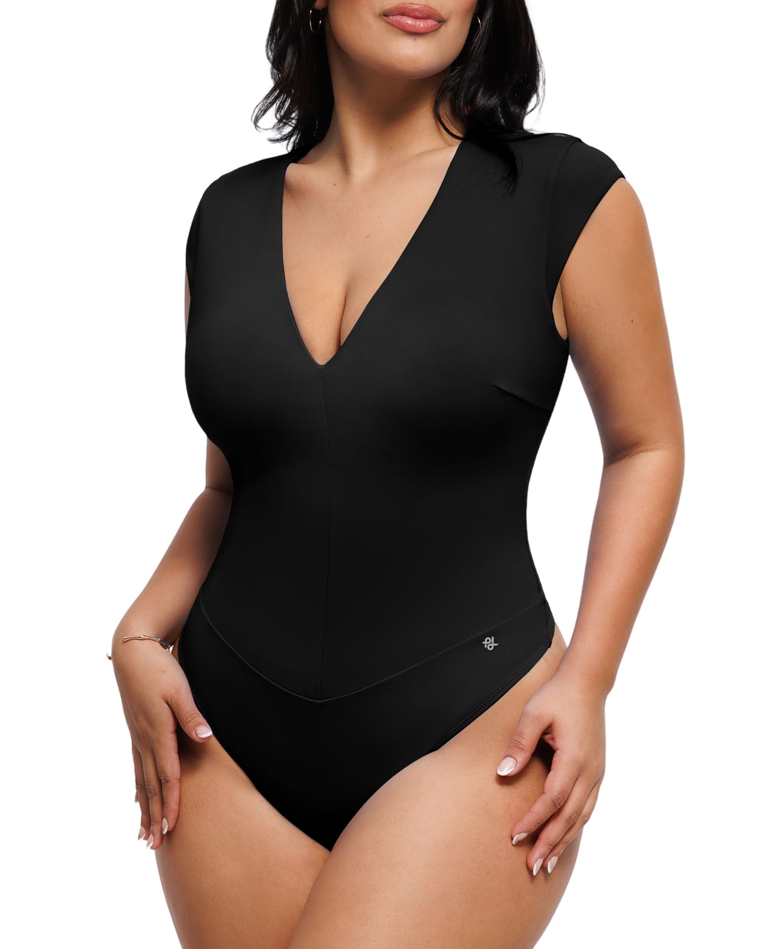 Photo 1 of Popilush Shapewear Bodysuits for Women Deep V Neck Cap Sleeve Thong Body Suit Tummy Control Plus Size Going Out Tops