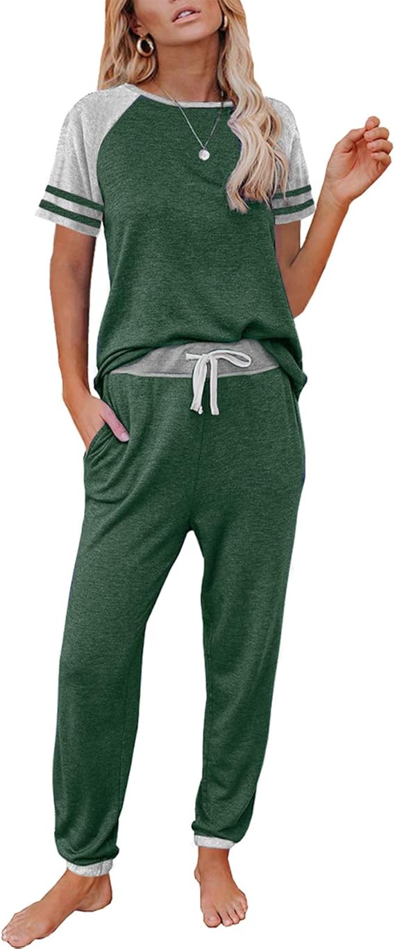 AUTOMET Lounge Sets For Women Two Piece Outfits Loungewear Short Sleeve Crewneck Jogger Pajama Set and Sweatpants Tracksuit