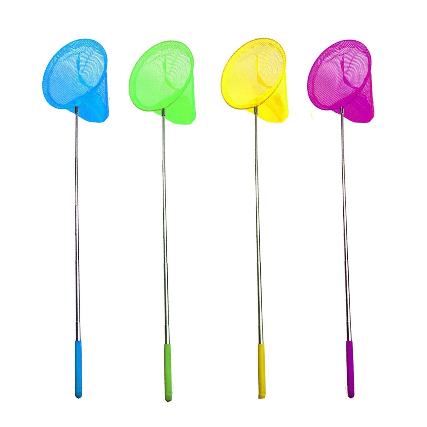 JZK 4 PCS Long handle extendable kids fishing nets with telescopic handle for ponds and rock pools, insect butterfly catcher nets for kids, crabbing nets for kids