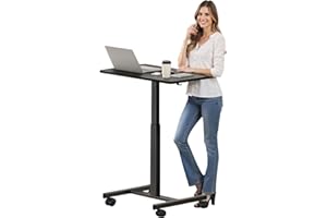 CROWNFURN Mobile Small Standing Rolling Desk Adjustable Height, Portable Laptop Desk on Wheels, Workstation for Home Office with Hook, Black