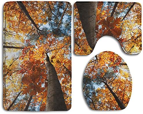 Golden Maple Tree Bath Mat 3 Piece Bathroom Rug Set Flannel Non Slip Toilet Seat Cover Set Large Contour Mat Lid Cover