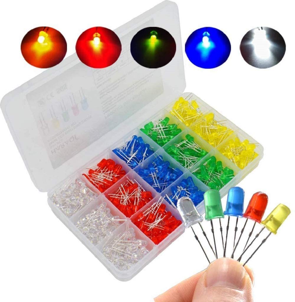 DollaTek 500PCS 5MM LED Light White Yellow Red Blue Green DIY Assortment Diodes Kit