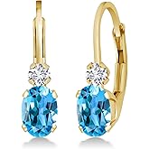 Gem Stone King 14K Yellow Gold Swiss Blue Topaz and White Diamond Leverback Earrings For Women | 1.07 Cttw | Gemstone November Birthstone | Oval 6X4MM, Round 2MM | 3/4 Inch