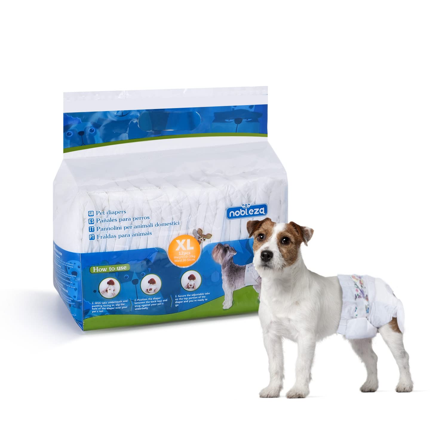 Nobleza - Disposable Female Dog Nappies Large, Dogs Training Diapers Super Absorbent, Leak Proof, Pack of 12, Waist 13-21 Inch, Size XL: 7-10KG