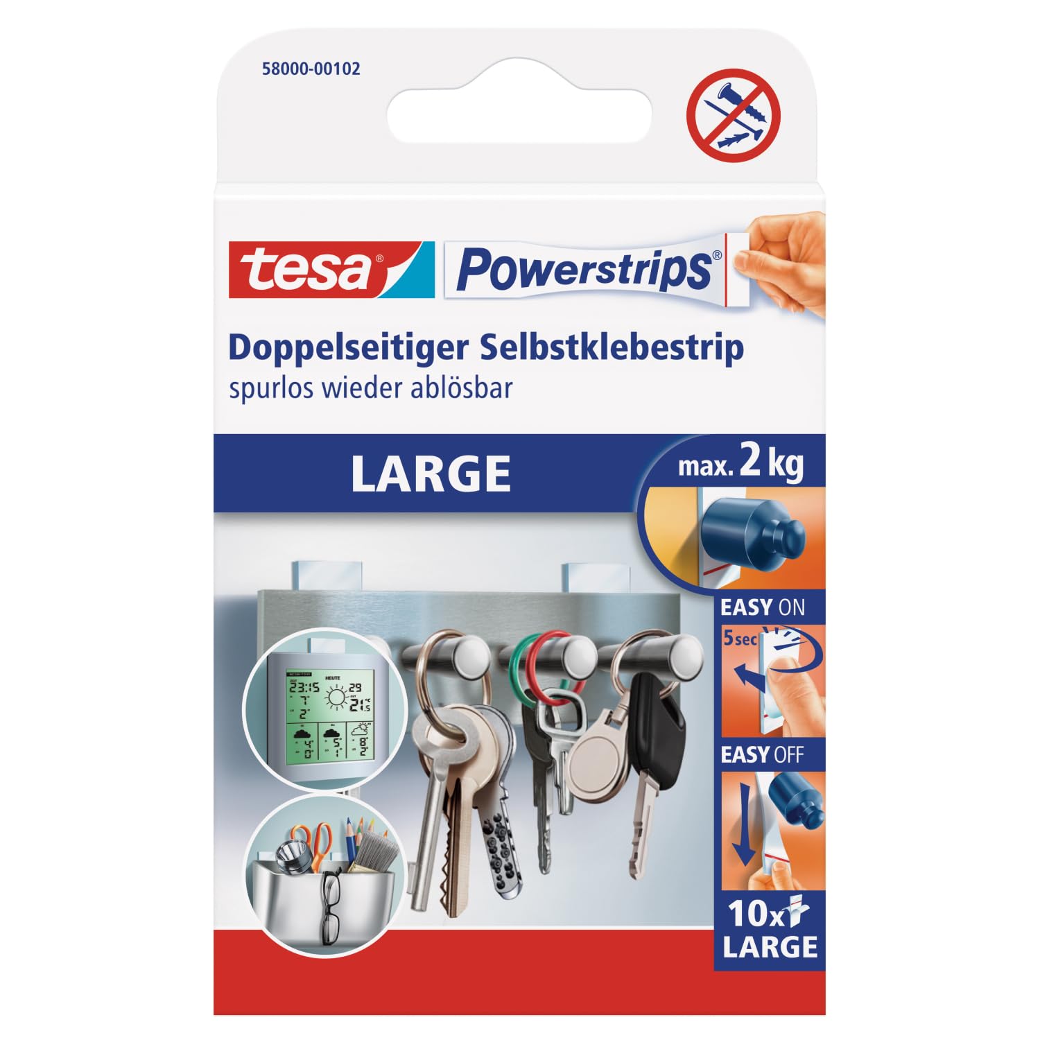 tesa Powerstrips Large, Self-Adhesive Strips - Double-Sided Strips Suitable for Flat and Smooth Surfaces - Holds Objects up to 2 kg - Pack of 10 Powerstrips
