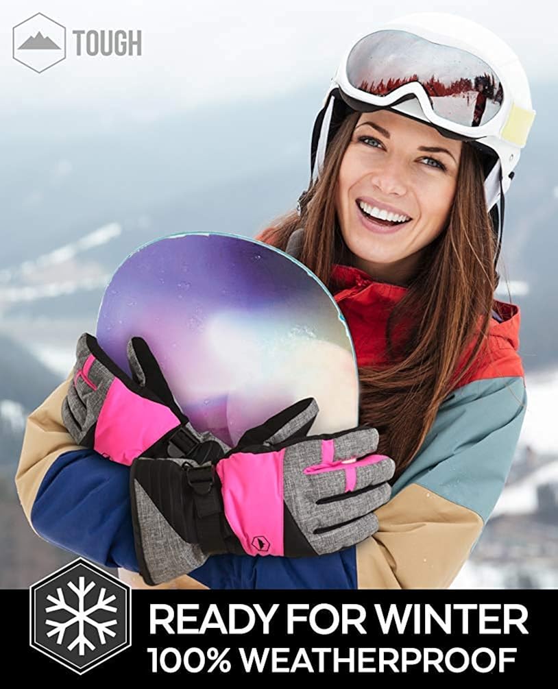 Womens Snow & Ski Gloves - Waterproof & Windproof Winter Snowboard Gloves for Cold Weather Skiing & Snowboarding - With Nylon Shell, Thermal Insulation, Synthetic Leather Palm & Wrist Straps : Clothing