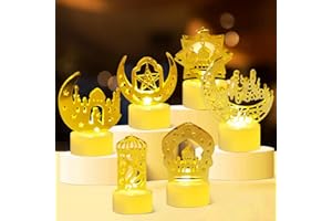 KISPATTI 6PCS Ramadan Lights Decorations for Home, Ramadan Mini Lantern Lights Decoration Golden Moon Star Mosque LED Candle Light for Eid Mubarak Party Decor Muslim Islam Festival Table Ornaments