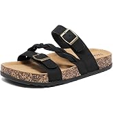 Cork Footbed Sandals for Women Slides with Arch Support and Braided Straps | Adjustable Double Buckle Non-Slip Walking Sandals, Comfortable Slip-On Summer Shoes for Beach Slippers Casual Indoor Outdoor