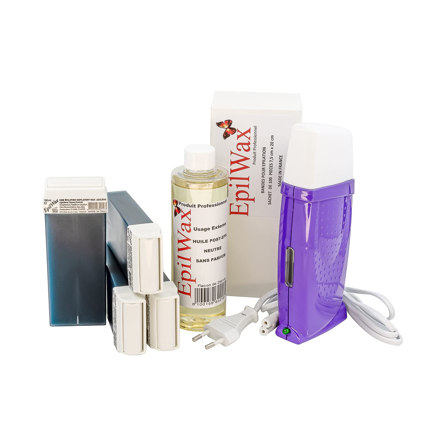 EpilWax Royal Depilatory Kit Complete with: Professional Wax Heater, 4 x 100ml Azulene Wax Roll-On, 100 Depilatory Strips, 1 x 250ml After Wax Oil Bottle (Royal Azulene 4 Series)