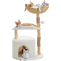 PAWZ Road Modern Cat Tree, [38''=97CM] Natural Wood Tower with Deep Wicker Basket, Curved Platform, and Spacious Condo for Sm