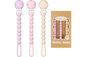 TYRY.HU 3 Pack Silicone Pacifier Holder Clip with One Piece Beads for Boys and Girls, Soft Flexible Pacifier Clip, Rust-Free Binky Clips with Texture, Keeps Pacifier Clean, Fits Most Pacifiers(Pink)