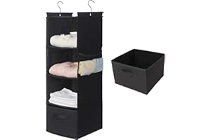 MAX Houser 4-Shelf Hanging Closet Organizer, Space Saver, Cloth Hanging Shelves with 2 Side Pockets, Foldable (Black)