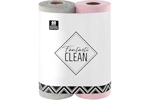 Fantasticlean Microfiber Cleaning Cloth Roll -60 Pack, Tear Away Microfiber Towels, 12" x 12", Reusable, Washable, Scratch Free, Ultra Absorbent Dish Rags for Car, Home, Garage or Shop (Pink & Grey)