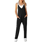 LILBETTER Women's Loose Casual V Neck Sleeveless Jumpsuits Adjustable Spaghetti Straps Long Pants Overalls With Pockets