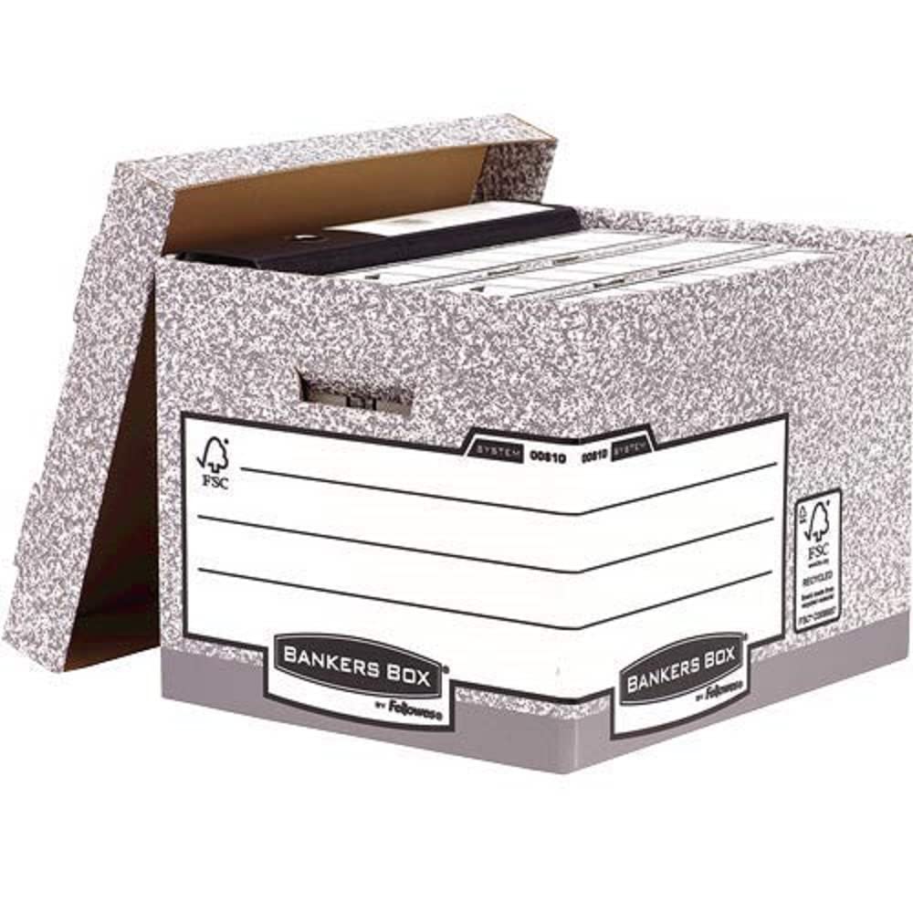 BANKERS BOX 10 System Standard Storage Box with Lids - Cardboard Storage Box with Lids for Office Storage - Archive Boxes with Handles - W33.3 x H28.5 x D39cm (Pack of 10) - Grey
