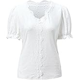 winkbay Women's Lace Puff Short Sleeve T Shirt V Neck Eyelet Embroidery Dressy Casual Tops