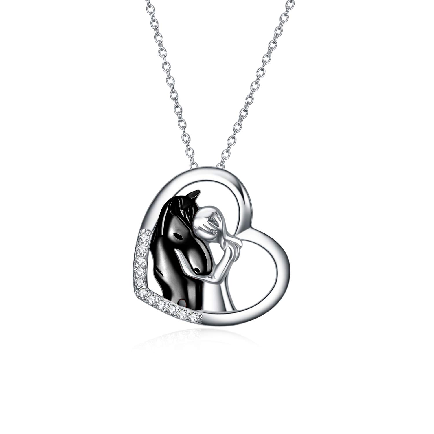 YFN Black Horse Pendant Necklace Jewelry 925 Sterling Silver Girls Embrace Horse Gift for Women Girls (Black Horse Necklace) — image 1