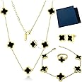 OSIRIDEH2 Clover Jewelry Set 18K Gold Plated Stainless Steel Necklace with Flower Design Four leaf clover for Women, Elegant Four Leaf Clover Necklace Floral Style Jewelry