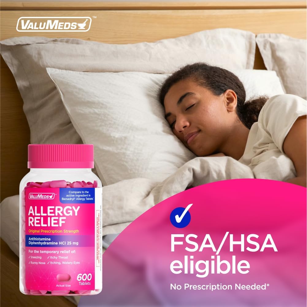 ValuMeds Allergy Medicine Antihistamine, Diphenhydramine HCl 25 mg | Children and Adults | Relieve Itchy Eyes, Runny Nose, Sneezing (25 mg, 600)