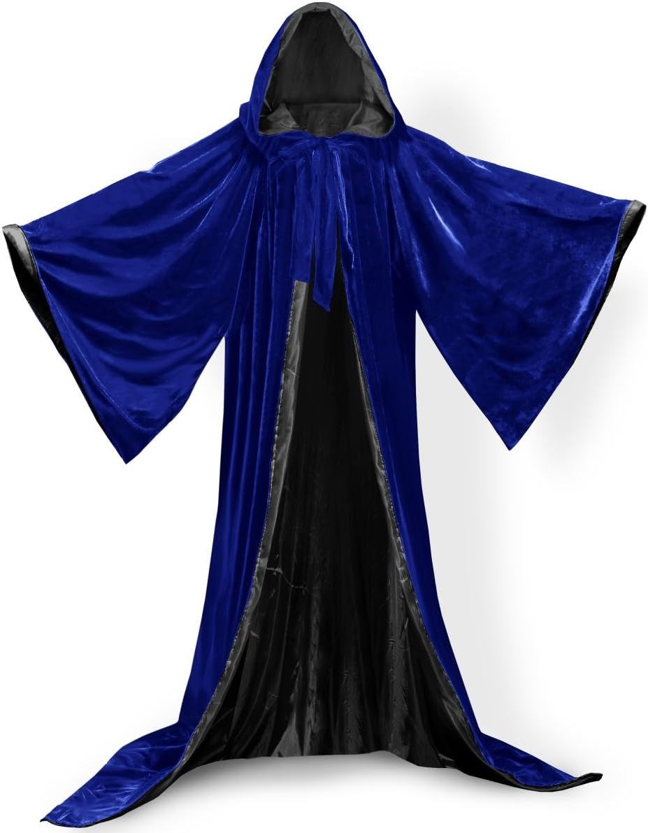 PingFeng Wizard Robe Velvet Hood Cloak Wicca LARP Goth Costume Blue-Black L