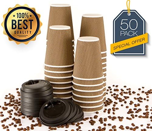 MyHomeIdeas Hot Insulated Paper Cups with Lids For Coffee Tea Espresso Latte - Ripple Insulated Eco Friendly Unspillable Sturdy Construction | Disposable Craft Large Reusable | 12 Oz / 50 Count