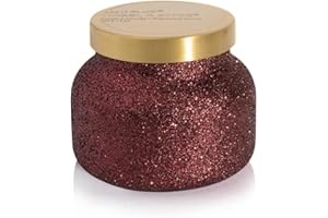 Capri Blue Tinsel & Spice Holiday Candle - Petite Glam Jar Candle - Juniper Berry, Cinnamon & Vanilla Scented Candles - Soy Wax Blend - Christmas Decor - Red Candles with Maroon Glitter Design (8 oz)