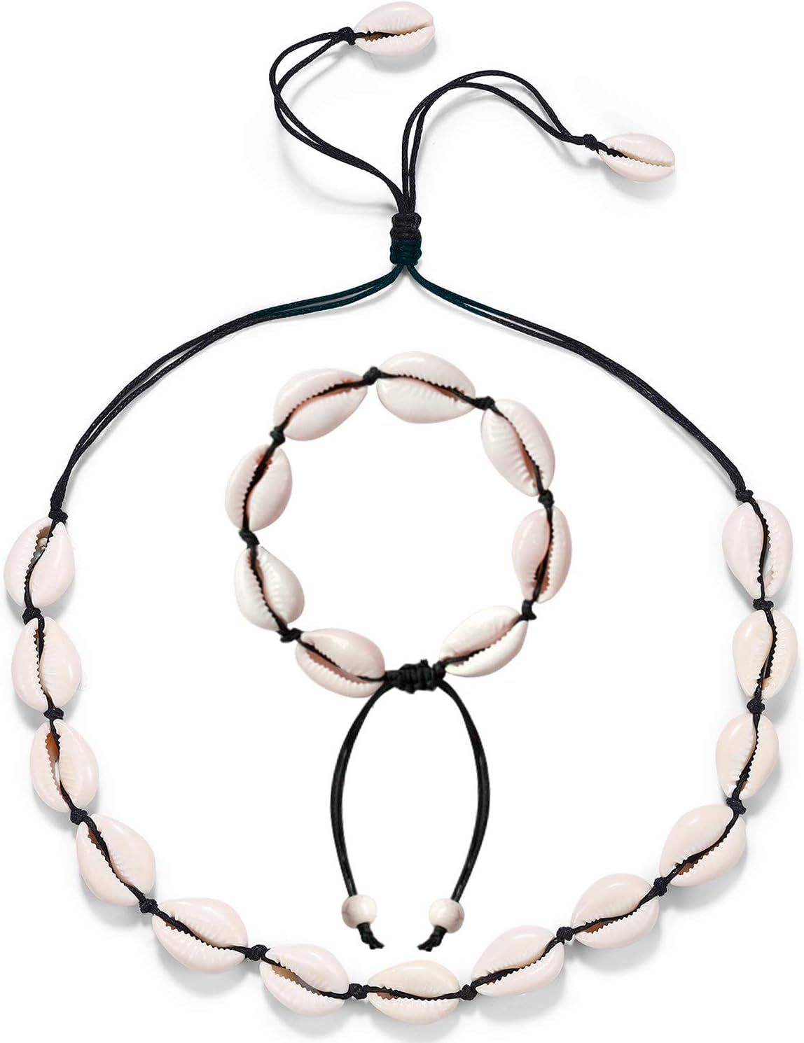 ASELFAD Shell Necklace and Bracelet Adjustable Handmade Puka Style Natural Cowrie Shell Necklace Hawaiian Beach Vsco Seashell Necklace (Black)
