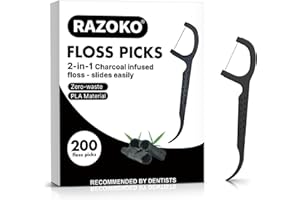 RAZOKO Natural Dental Floss Picks High Toughness Charcoal Toothpicks Sticks-Vegan,Eco-Friendly Sustainable Flossers for Teeth Cleaning (200 Count)