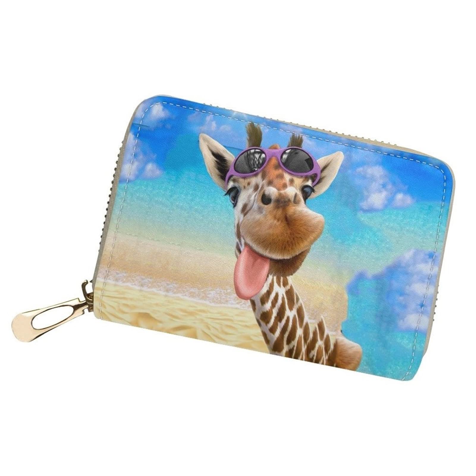 Poceacles 3D Giraffe Print Mini Purse Credit Cards Holder Bag, Women PU Leather Wallet ID Card Wallet with Zipper for Travel Shopping Work