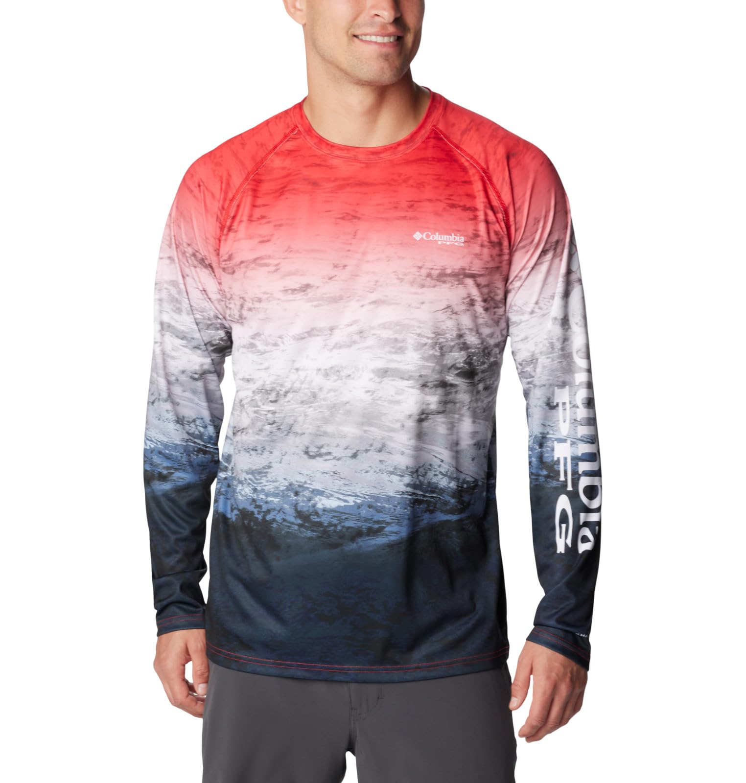 Columbia Men’s Super Terminal Tackle Long Sleeve Shirt, Red Spark Deepsea Fade, X-Small
