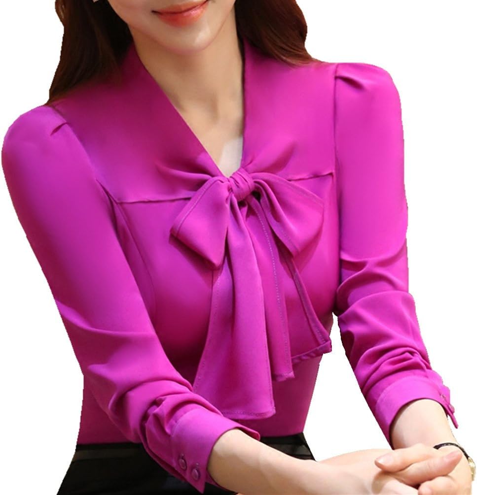 JHVYF Women's Bow Tie Neck Blouses Long Sleeve Casual Work Office Polyester Blouse Shirts Tops