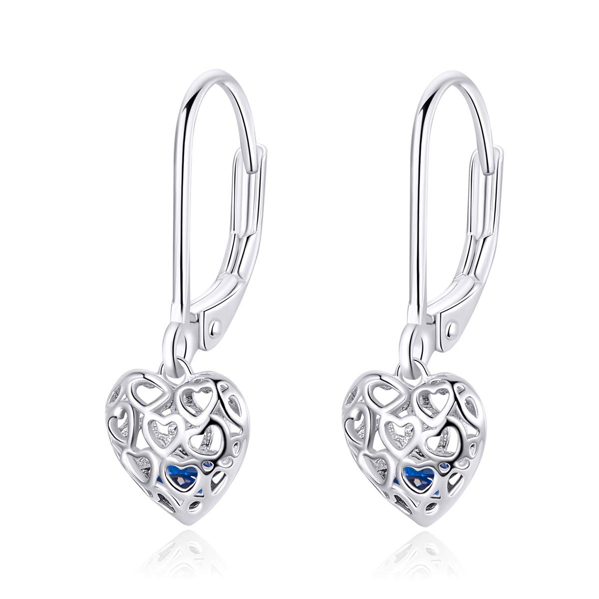 Dangle Drop Heart Hoop Earrings 925 Sterling Silver Dainty Hollow Out Bule Crystal Stud Leverback Earring Best Friend Cute Jewelry for Women Girls