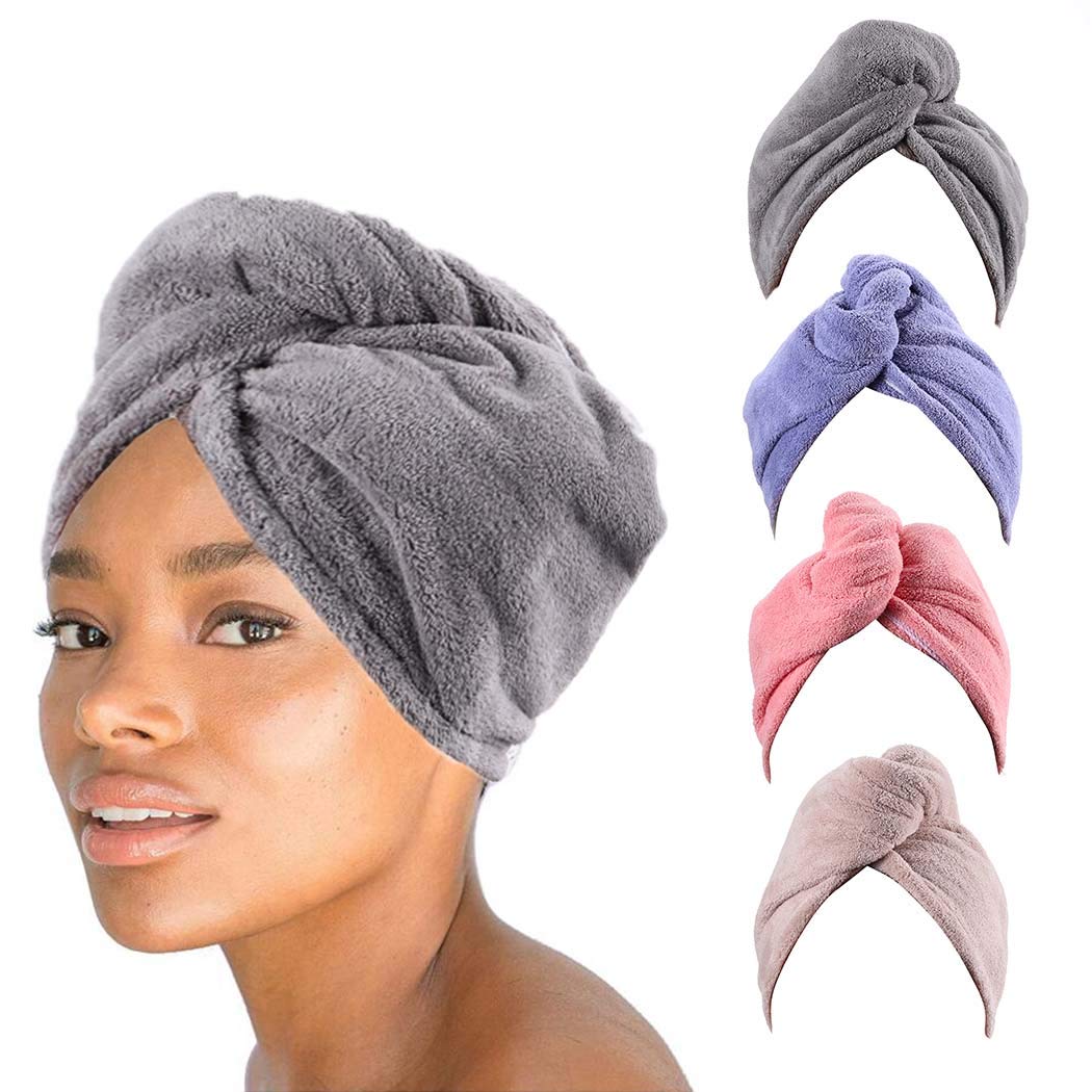 Genglass Bath Hair Drying Towels Microfiber Grey Hair Wraps Absorbent Hair Turban Set Quick Dry Hair Caps wirth Button for Women and Girls (Grey/Blue/Pink/Beige)