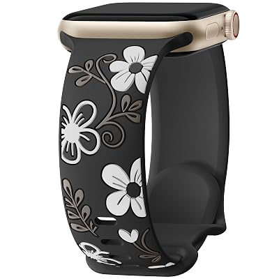 Witzon Cute Flower Band Compatible with Apple Watch Bands For Women 42mm 44mm 45mm 46mm 41mm 40mm 38mm 49mm, Engraved Soft Silicone Inlay Strap for iWatch Series 11 10 9 8 7 6 5 4 3 2 SE Ultra 3 2 1