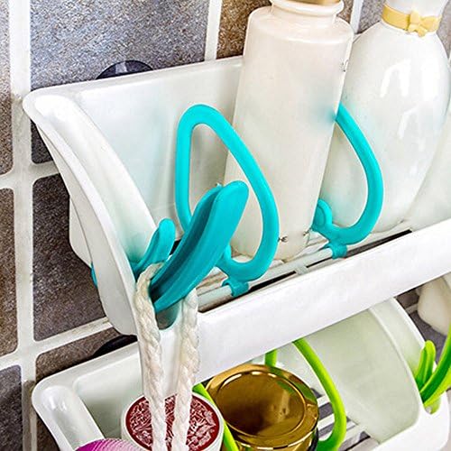 HongXander Home Kithchen Bathroom Wall Mounted Sturdy Plastic Shower Storage Rack Multifunction Holder No Drill&amp;Nail Super Suction Cup Self Adhesive With Hidden Hooks (Blue)