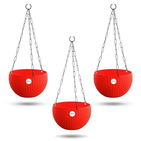 Kraft Seeds Euro Elegance Plastic Round Solid Hanging Planter (Red, 17.5cm Diameter) - Pack of 3